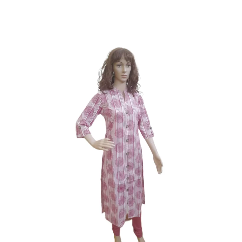 Women Handblock printed Cotton Kurti - Wine Red & white- Calf Length - 46 inch