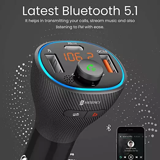 Portronics Auto 15 Bluetooth - FM Transmitter in-Car Radio Adapter for Hands-Free Calling, Music Streaming, USB Reading (PD 20W+QC3.0) Fast Charger, Supports All Smartphones (Black), All cars suitable