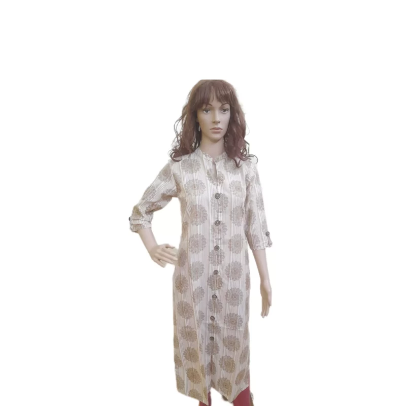 Women Handblock printed Cotton Kurti - White and Brown- Calf Length - 46 inch