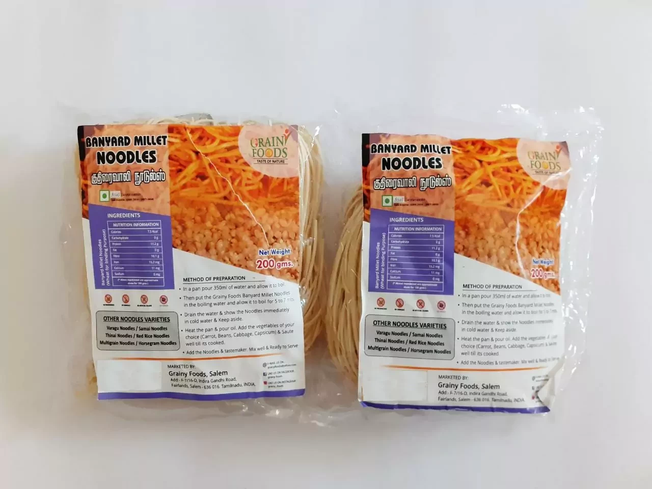 Grainy Foods Banyard Millet Instant Noodles with Taste Maker 200g - Pack of 2(2 x 200g)