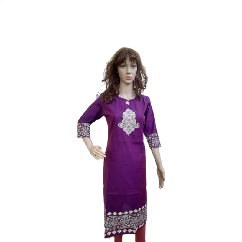 Women Handblock printed Cotton Kurti - Lavendar - Calf Length - 46 inch