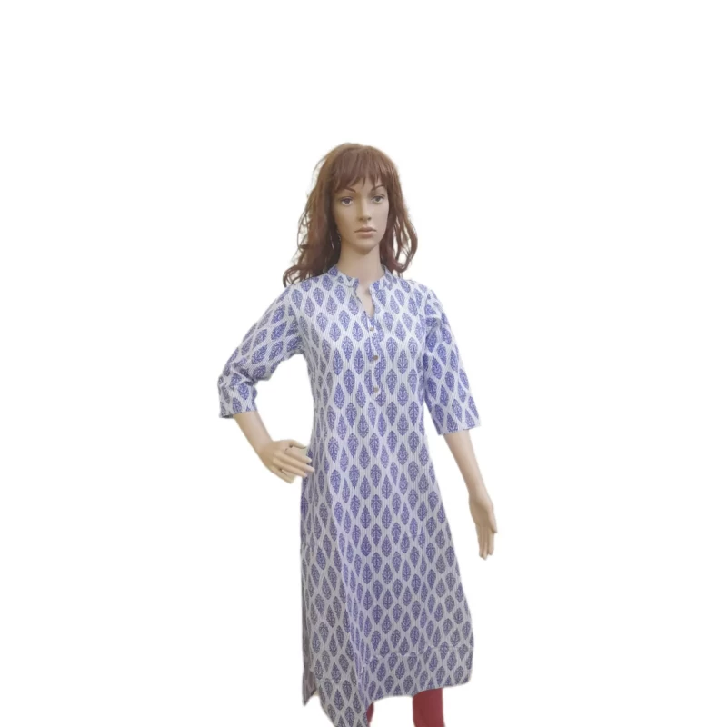 Women Handblock printed Cotton Kurti - White & Blue- Calf Length - 46 inch
