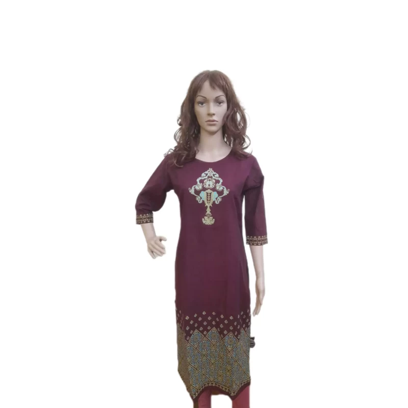 Women Handblock printed Cotton Kurti - Wine Red- Calf Length - 46 inch