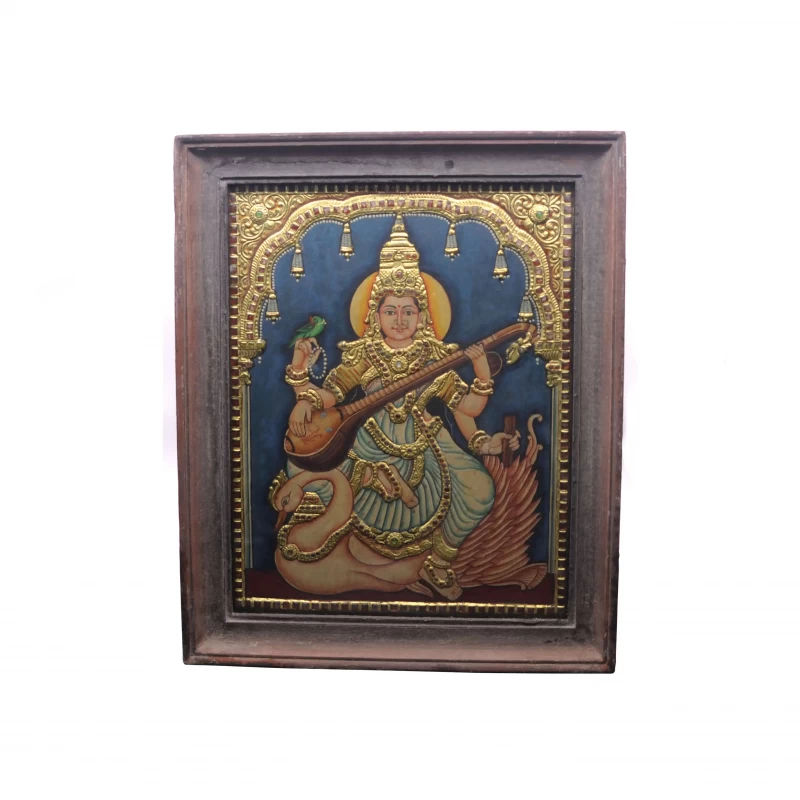 Goddess Saraswathi On Swan - Tanjore Painting