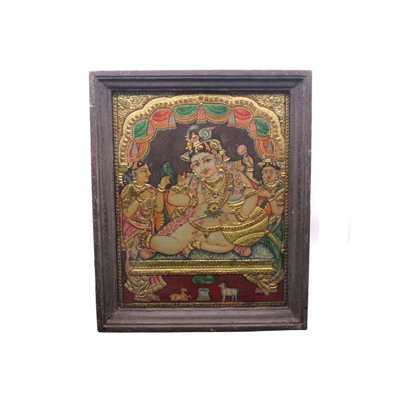 Lord Little Krishna Eating Butter - Tanjore Painting - Rare Art