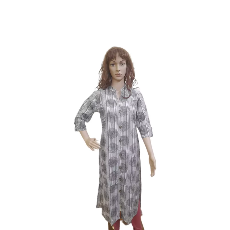 Women Handblock printed Cotton Kurti - White & Grey tint- Calf Length - 46 inch
